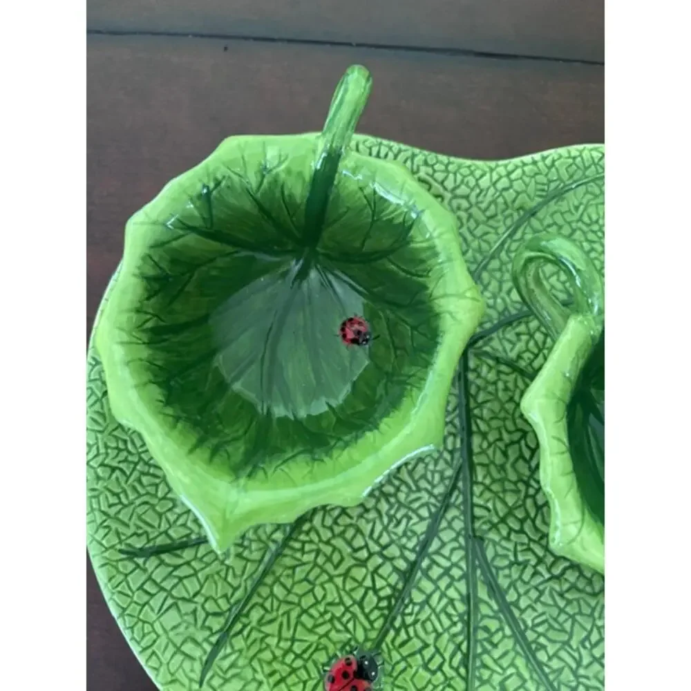 Pier 1 Ladybug Leaf Serving Tray Bowl Set Hand Painted Earthenware 3 Pc